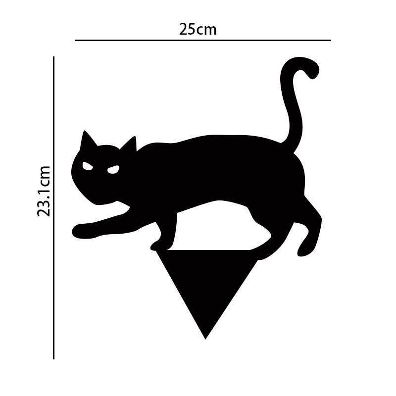 Silhouette of a black cat with arched back and tail, measuring 25cm wide and 23.1cm high, placed above a downward-pointing triangular shape.
