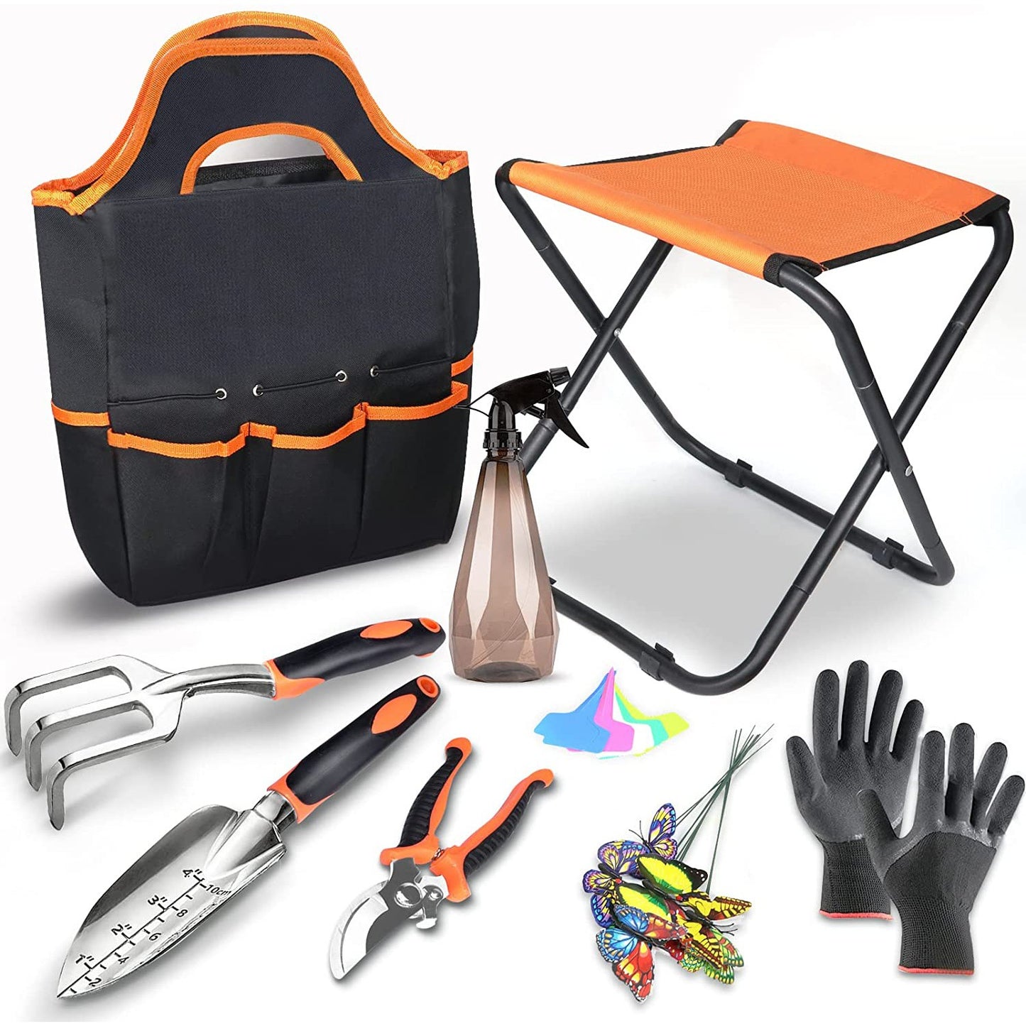 Orange and black gardening set with folding stool, tote bag, spray bottle, trowel, rake, pruner, gloves, and colorful butterfly stakes. Includes plant tags.