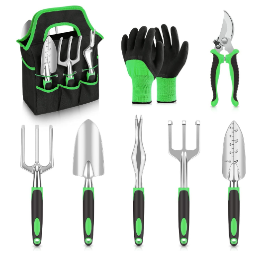 Gardening tool set with black and green accents includes a tote bag, pruning shears, gloves, hand rake, trowel, weeder, cultivator, and transplanter arranged neatly.