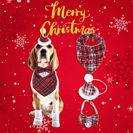 Beagle wearing a red plaid scarf, bow tie, and Santa hat on a festive red background with snowflakes. Additional accessories are displayed. Text reads "Merry Christmas."