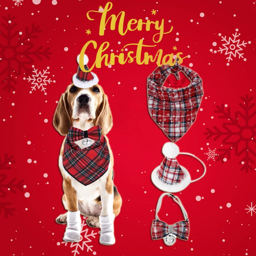 Beagle in plaid Christmas outfit with matching hat, bow tie, and scarf, sits against a red background with snowflakes and the words "Merry Christmas" in gold.