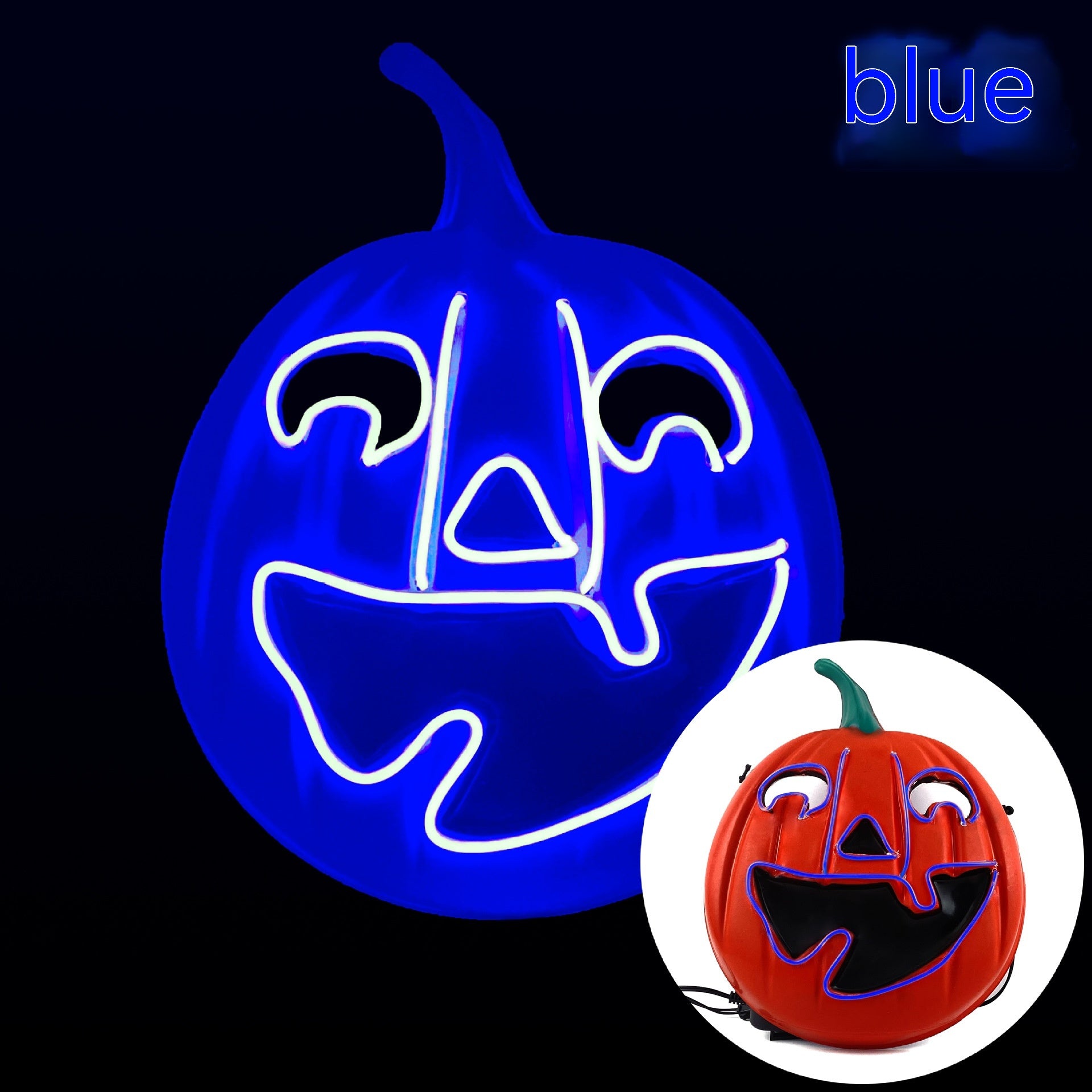 Glowing blue Halloween pumpkin with a carved face, lit by neon lights. Inset shows the same design unlit, with an orange pumpkin and black features on a white background.