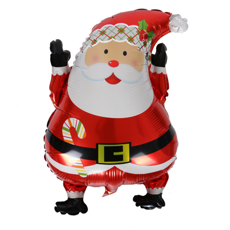 Festive Santa Claus balloon wearing a red suit, black belt, and hat with holly. He is holding a candy cane, with his hands raised, set against a plain white background.