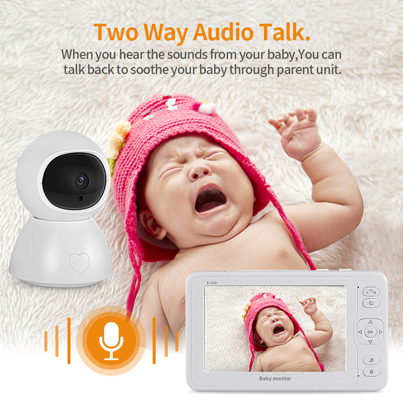 A baby wearing a pink hat is crying on a white blanket. Nearby, a baby monitor displays the baby's image with text promoting two-way audio communication.