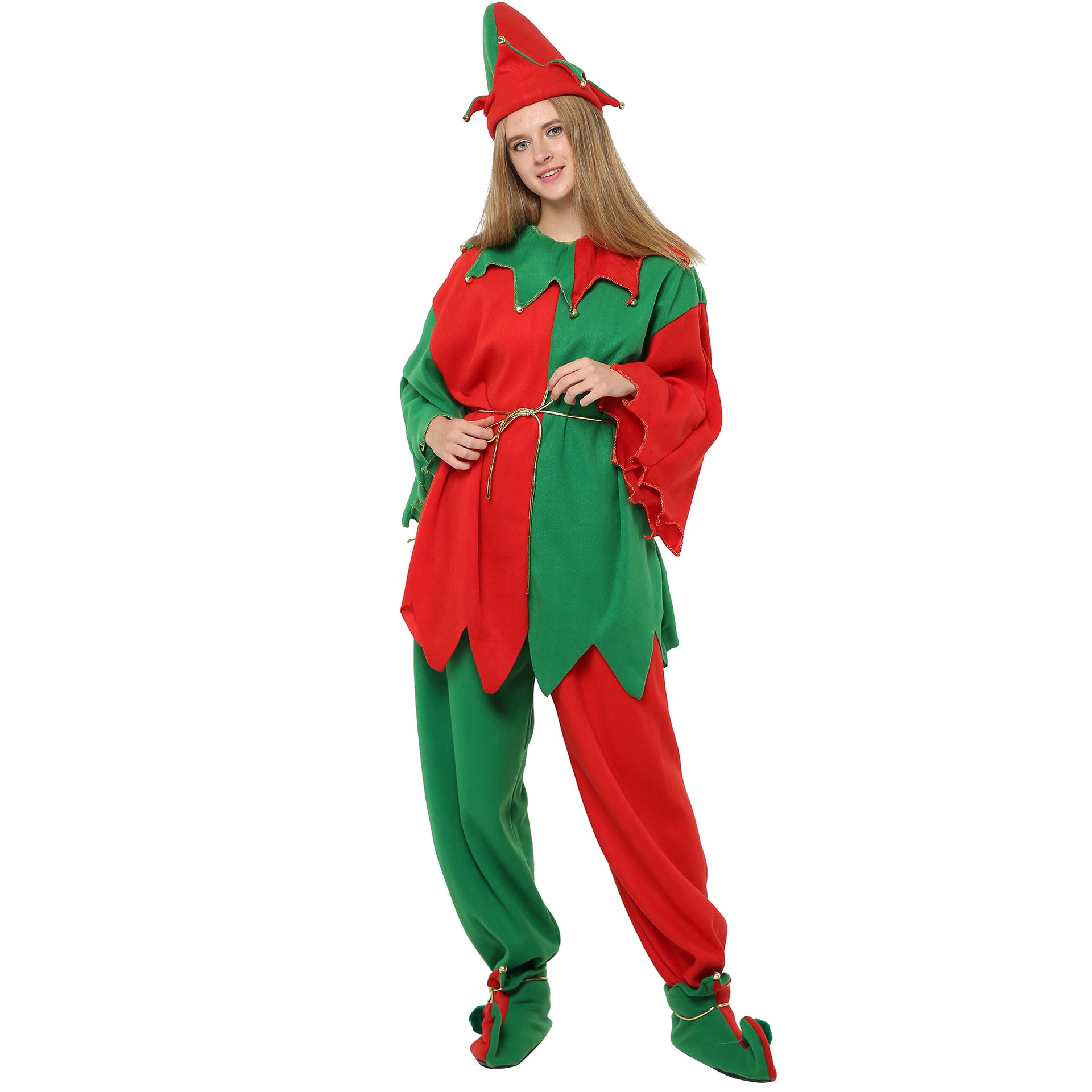 Person in a festive red and green elf costume with a pointed hat, standing against a white background. The outfit features jagged edges and matching pointed shoes.