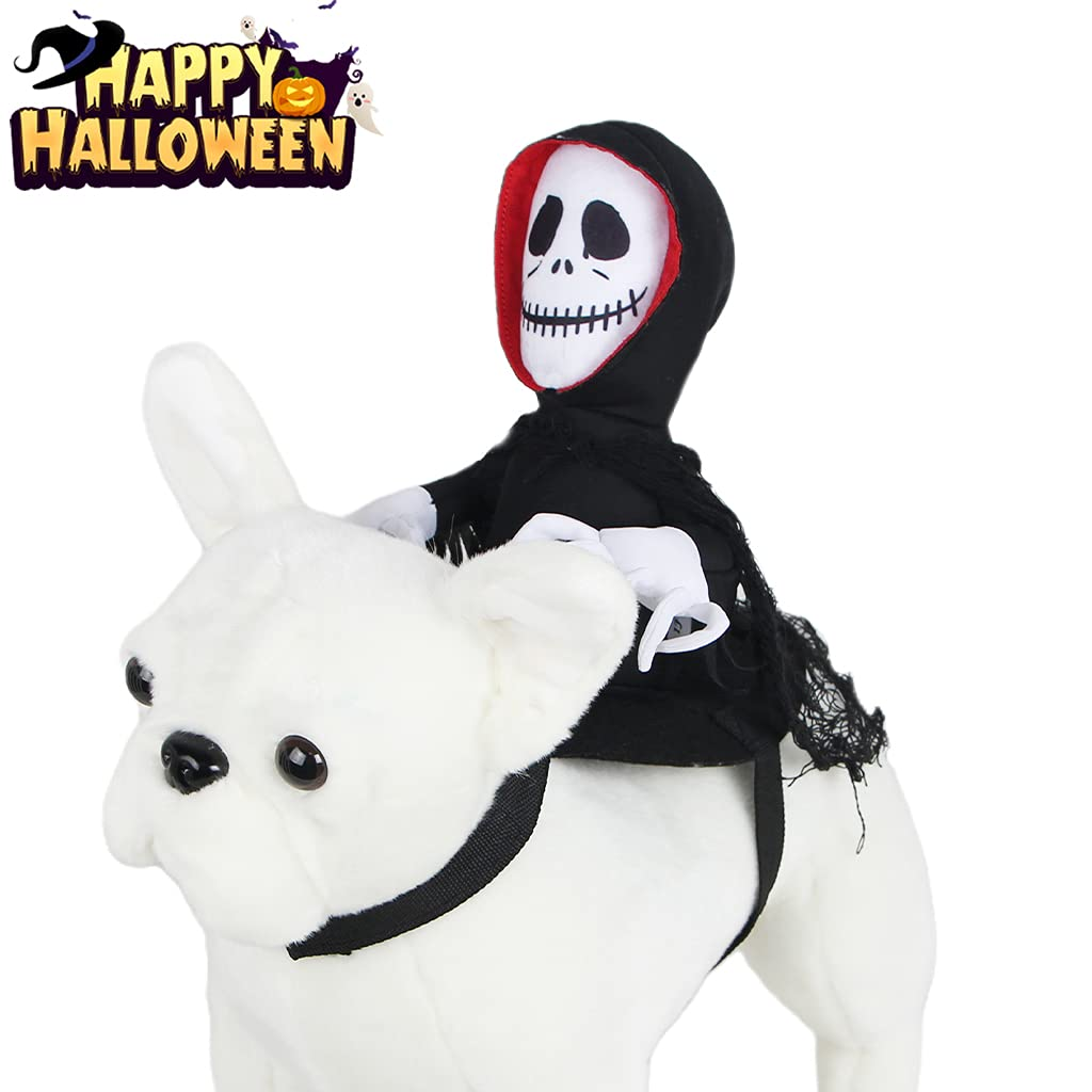 Plastic skeleton in black cloak rides a plush white dog for Halloween. "Happy Halloween" text with pumpkin and witch hat is displayed in the corner.