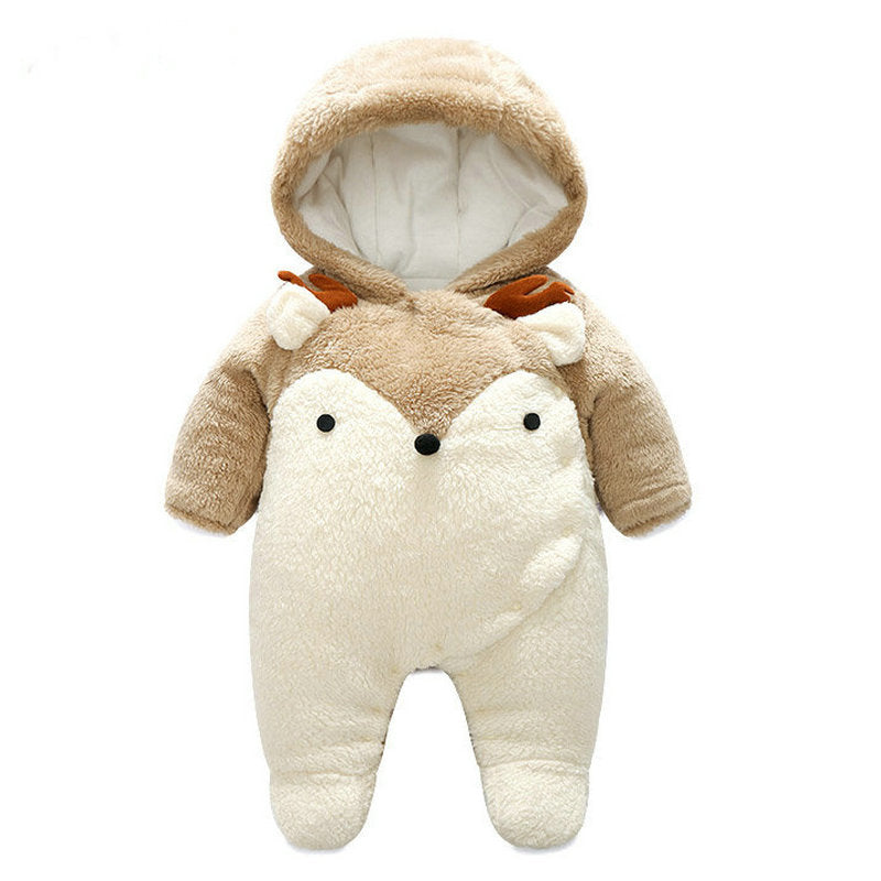 Fluffy baby romper in tan and cream, designed like a deer with a hood featuring small antlers and ears. The cozy outfit has a cute face detail on the chest.