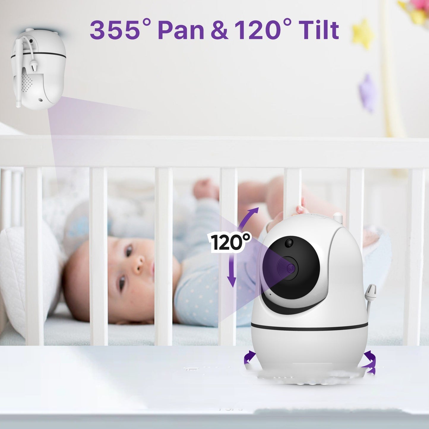 A baby monitor camera with 355° pan and 120° tilt capability is shown on a table near a crib with a baby inside. A second camera is mounted on the wall above.