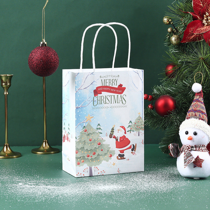 Christmas-themed scene with a gift bag featuring Santa and trees, red ornaments, candle holders, and a snowman with a patterned hat, set against a green background.