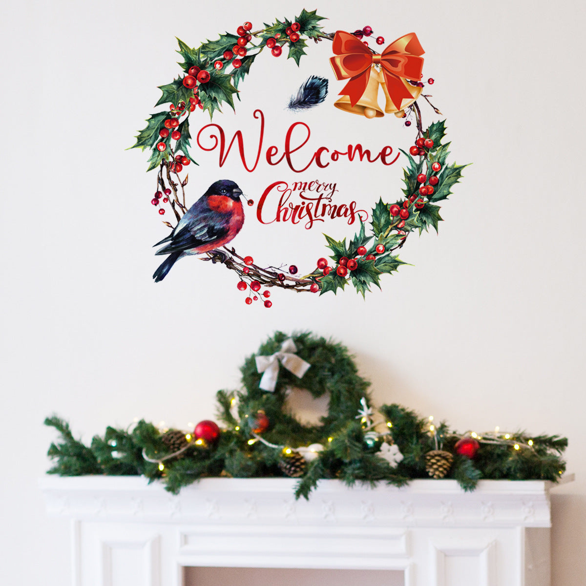 Festive Christmas wreath decal with holly, berries, and a bird. "Welcome Merry Christmas" text in red. Below, a garland with lights and ornaments adorns a white mantel.