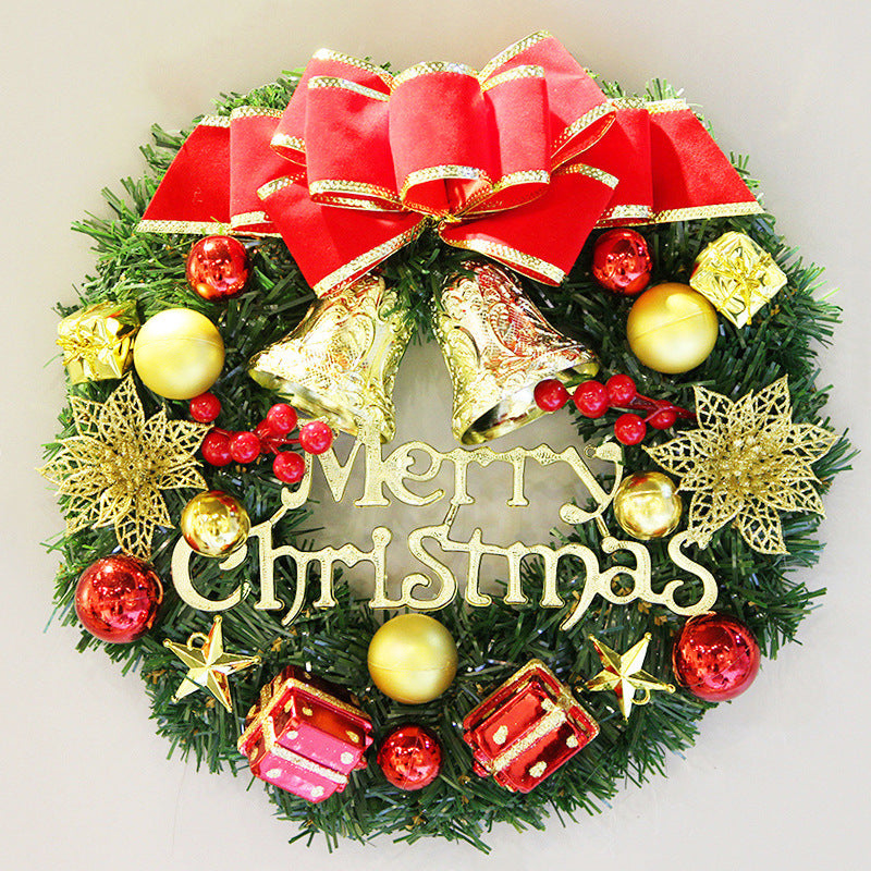 Festive Christmas wreath adorned with a red bow, gold bells, ornaments, stars, flowers, and the words "Merry Christmas" on a background of evergreen leaves.