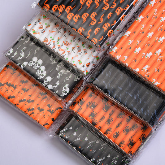 Stacks of Halloween-themed pencils with designs of pumpkins, ghosts, skulls, bats, and spiders in orange, black, and white colors, presented in clear packaging.