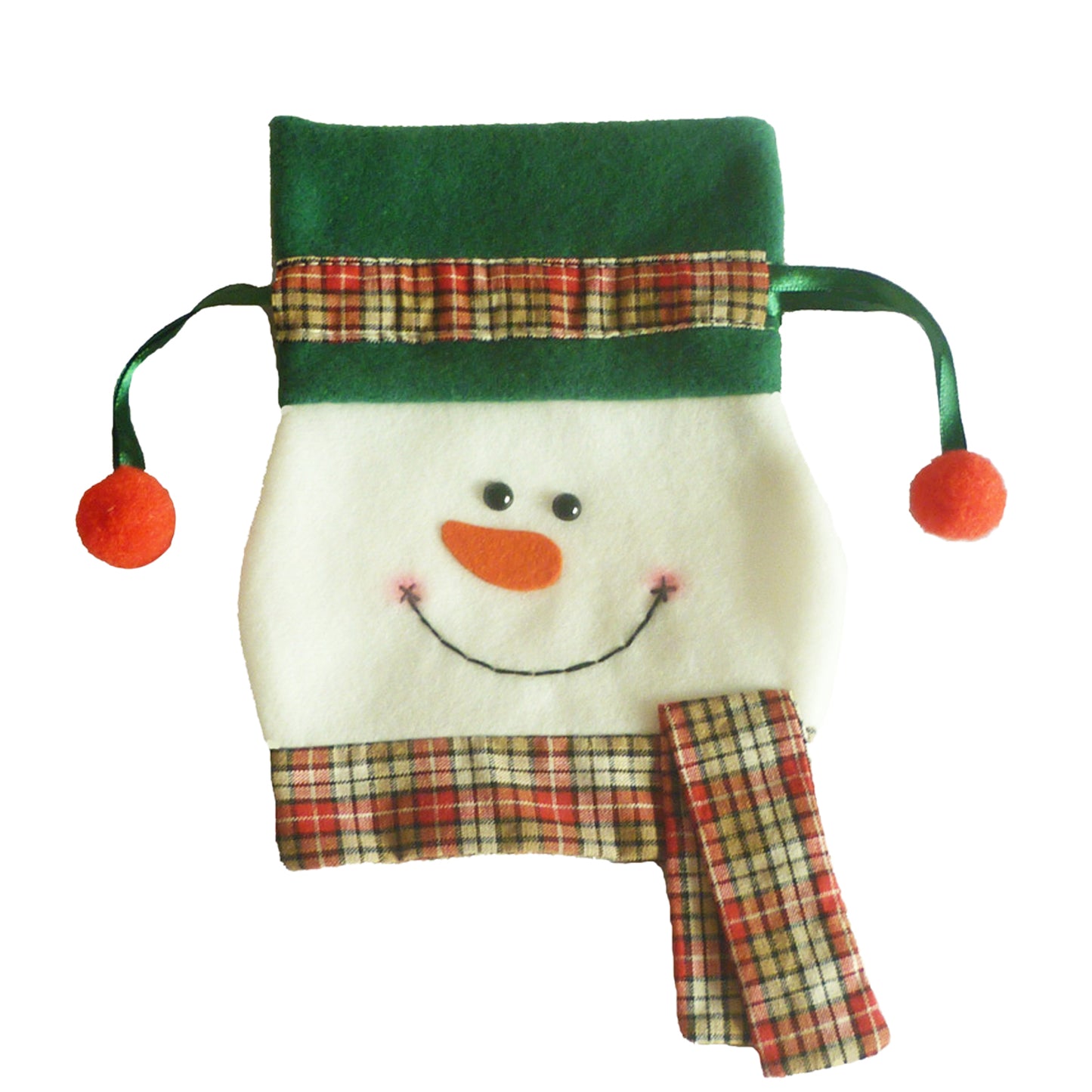Festive fabric gift bag with a snowman design, featuring a green top, plaid trim, and a smiling face with a carrot nose. Red pom-poms dangle from green ribbon ties.
