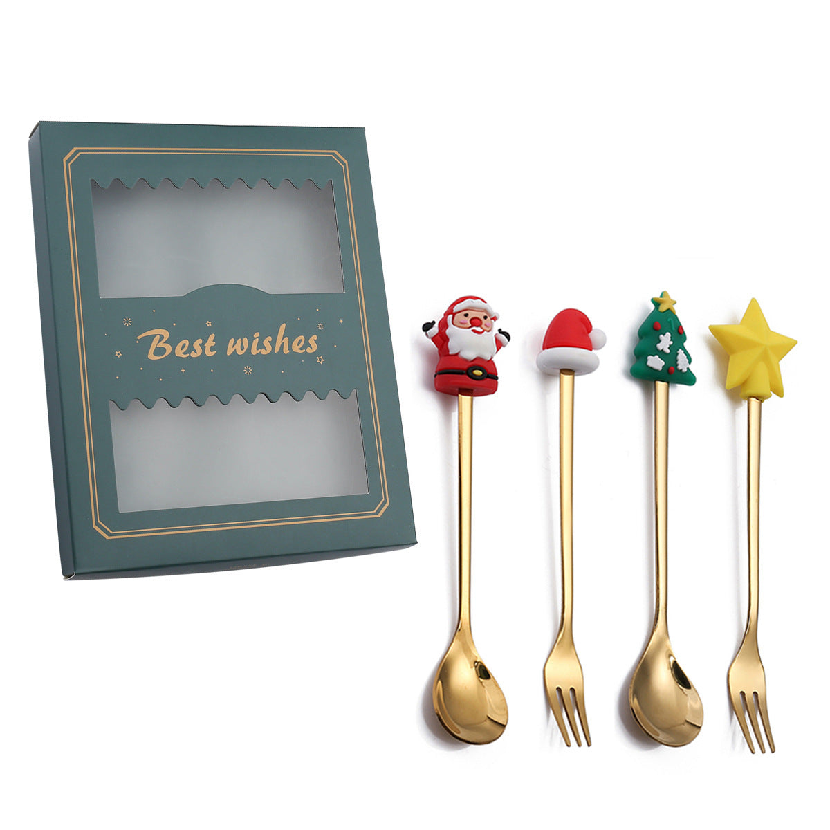 Set of four gold dessert forks/spoons with festive tops: Santa, Santa hat, Christmas tree, and star. Comes with a green box labeled "Best wishes."