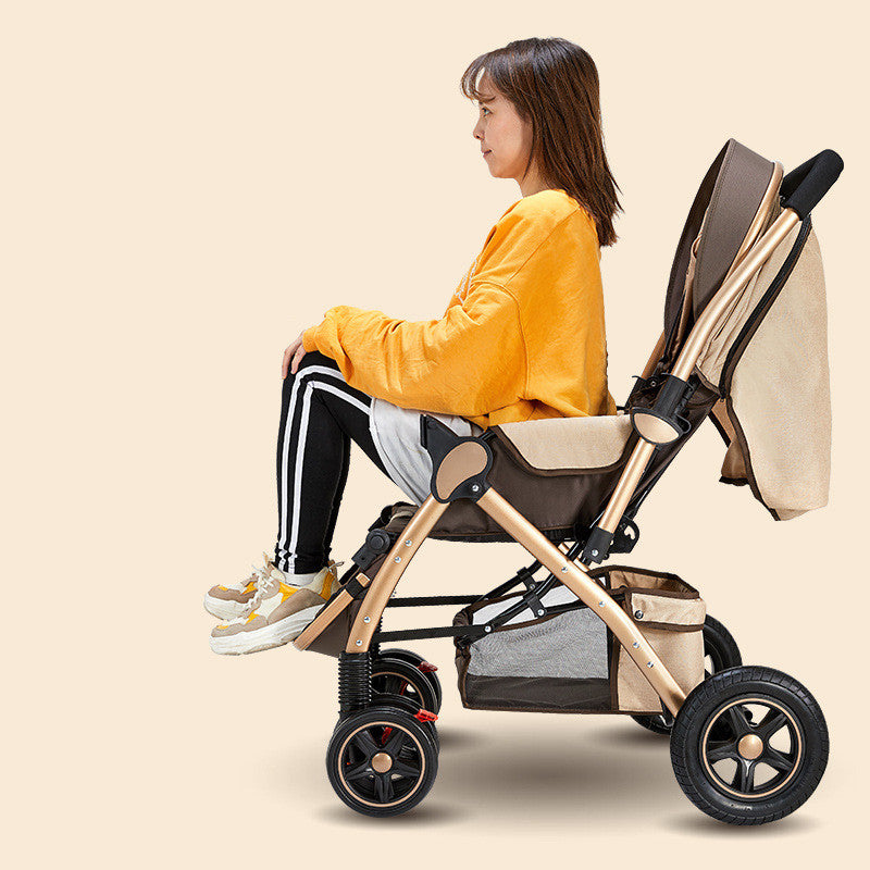 Woman in a yellow sweater sits in a sturdy, empty beige stroller against a plain background, demonstrating its durability for an advertisement.