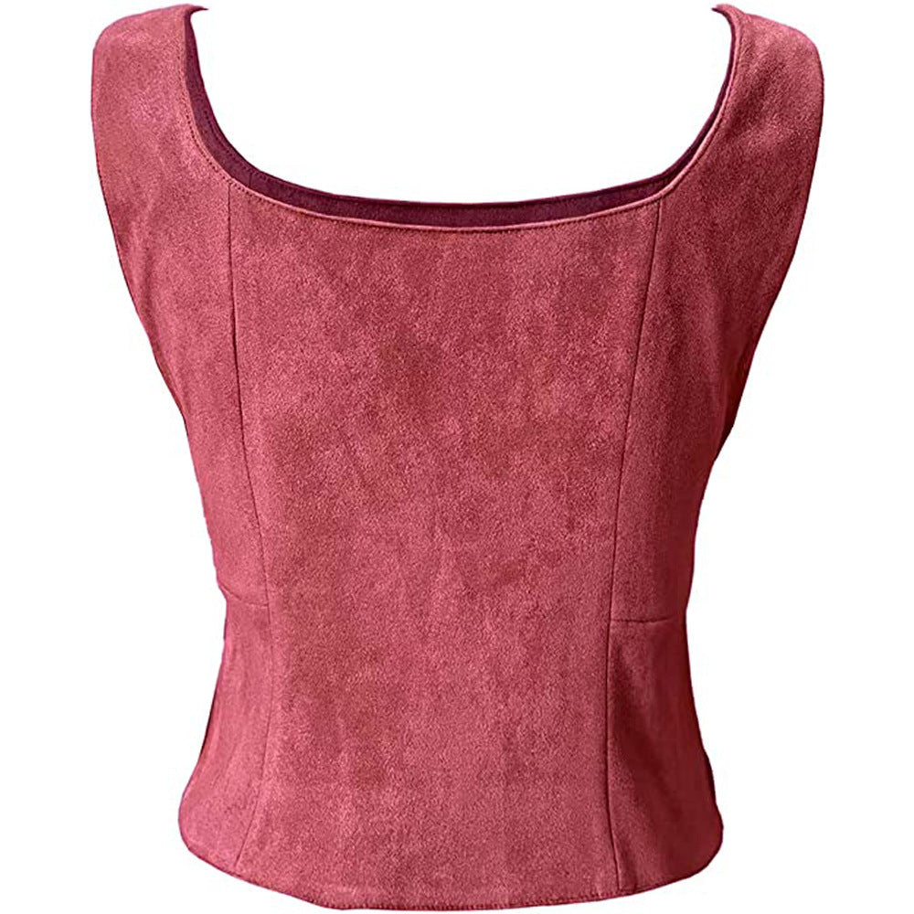 Pink suede crop top with a wide, square neckline and sleeveless design. The back view highlights its structured, tailored fit and smooth texture.