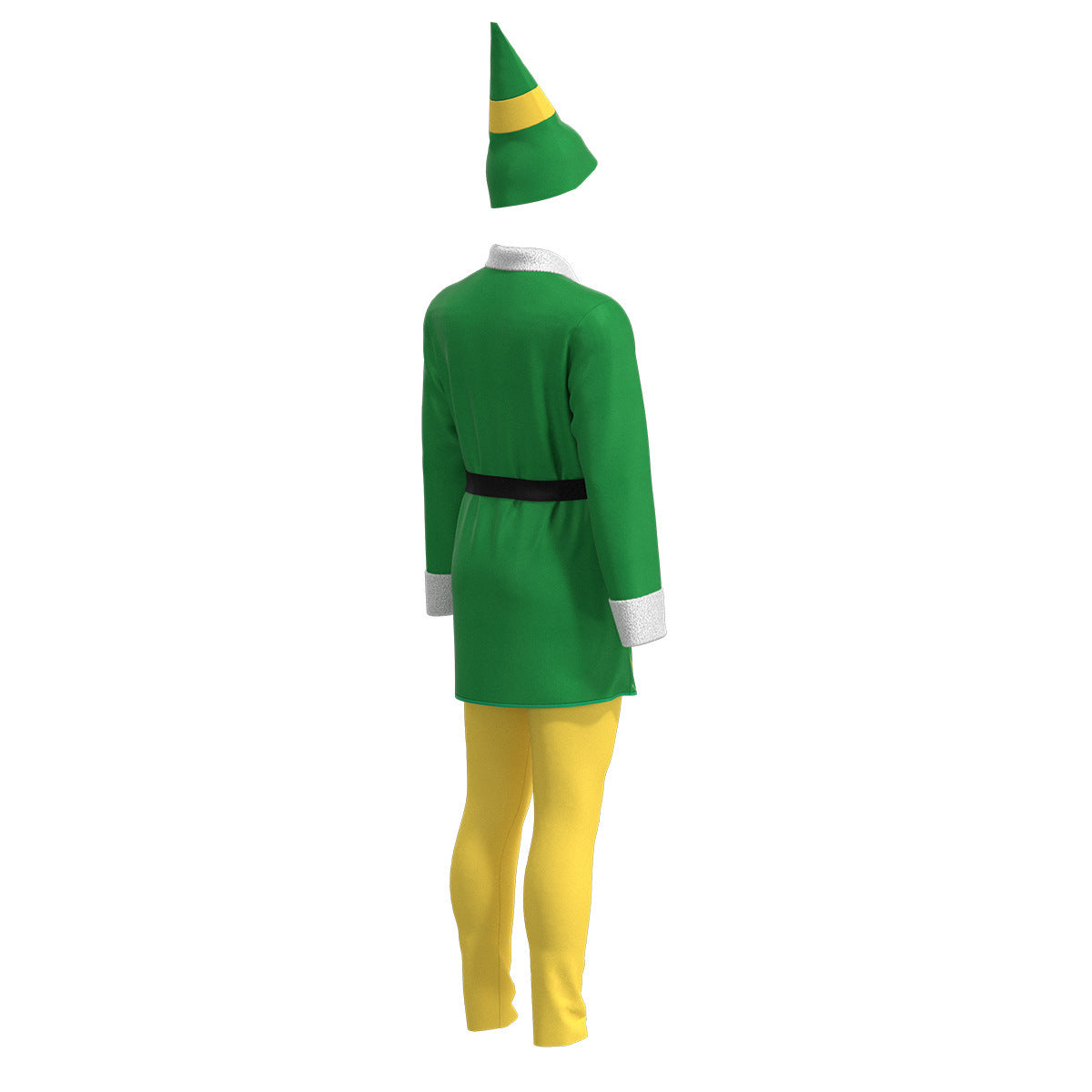 Back view of a person wearing a festive elf costume with a green tunic, white cuffs, yellow tights, and a green hat with a yellow band.