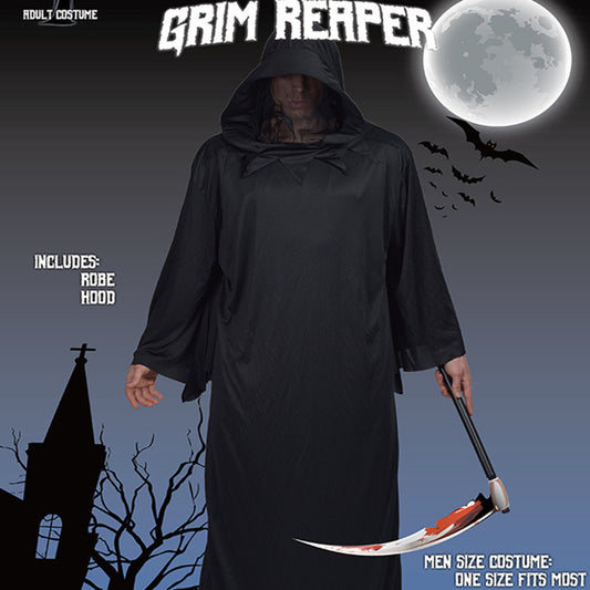 Grim Reaper costume featuring a hooded black robe. A person holds a blood-stained scythe against a moonlit background with bats and a church silhouette. Includes robe and hood.