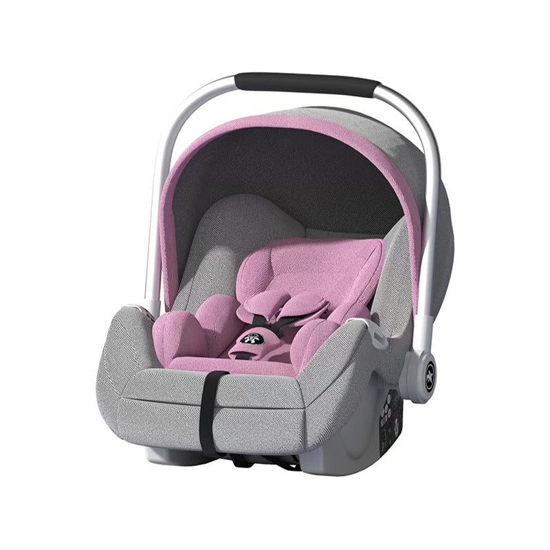 Gray and pink baby car seat with a padded interior, adjustable headrest, and a black safety harness. It features a white carrying handle and is designed for infant comfort and protection.