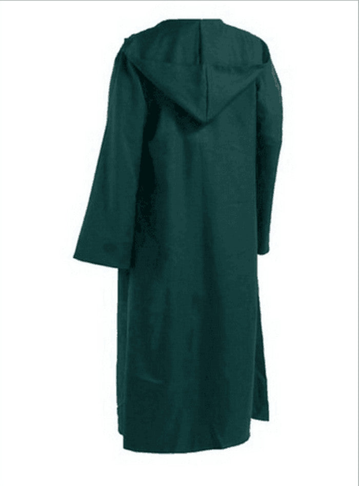 Dark green hooded robe shown from the back. The robe features long sleeves and a pointed hood, creating a simple, classic look, ideal for costume or themed events.