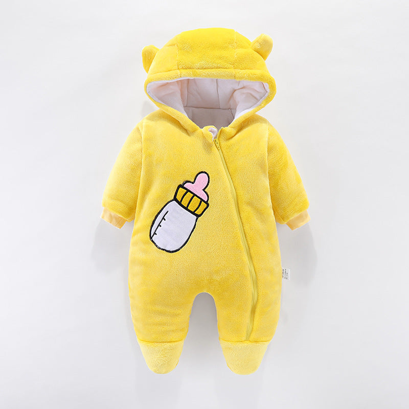 Yellow baby onesie with a hood featuring tiny ears. It has a front zipper and a baby bottle graphic on the chest. The lining is white, offering a soft, cozy look.