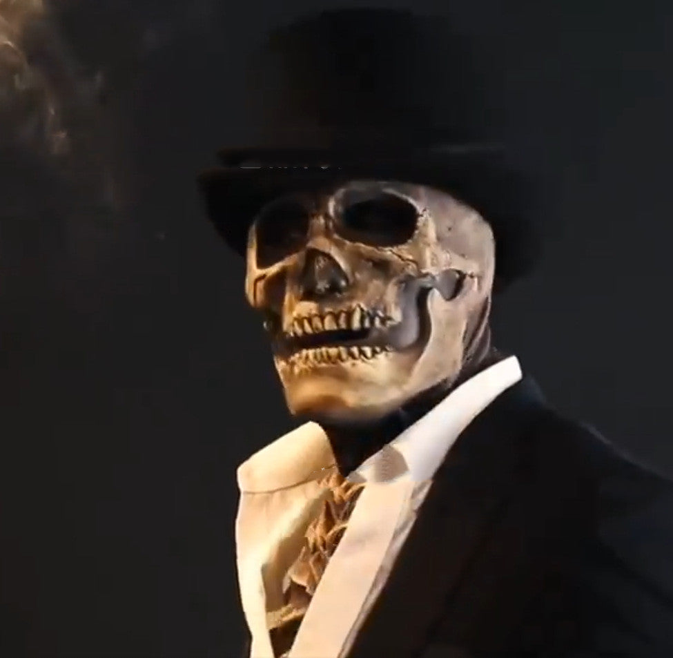 Skull wearing a formal suit with a white shirt and tie, topped with a black top hat, set against a dark background with a hint of smoke.