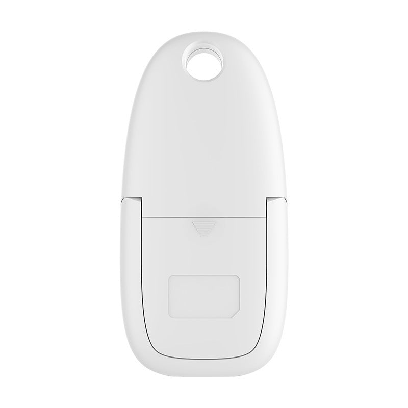 Back view of a white remote control with a rounded top and a loop hole, featuring a battery compartment cover on the lower half.