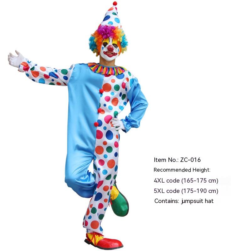 Clown in a colorful polka dot costume with a matching hat and big shoes, posing with arms open. Text details item number, recommended height, and size codes.