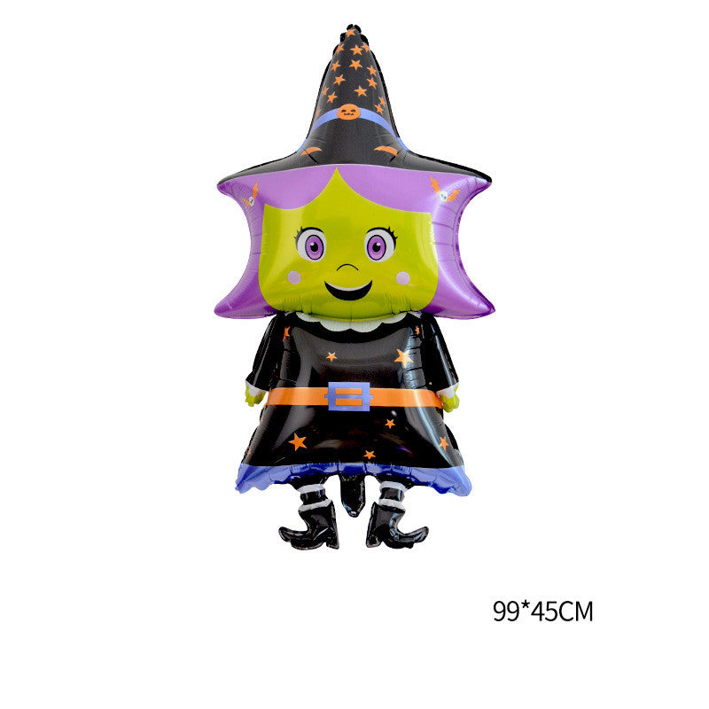 A colorful foil balloon shaped like a cartoon witch with a green face, purple hair, and a pointed hat. She's wearing a black dress adorned with orange stars and a blue belt, along with black boots. The dimensions 99*45CM are displayed beside the balloon.