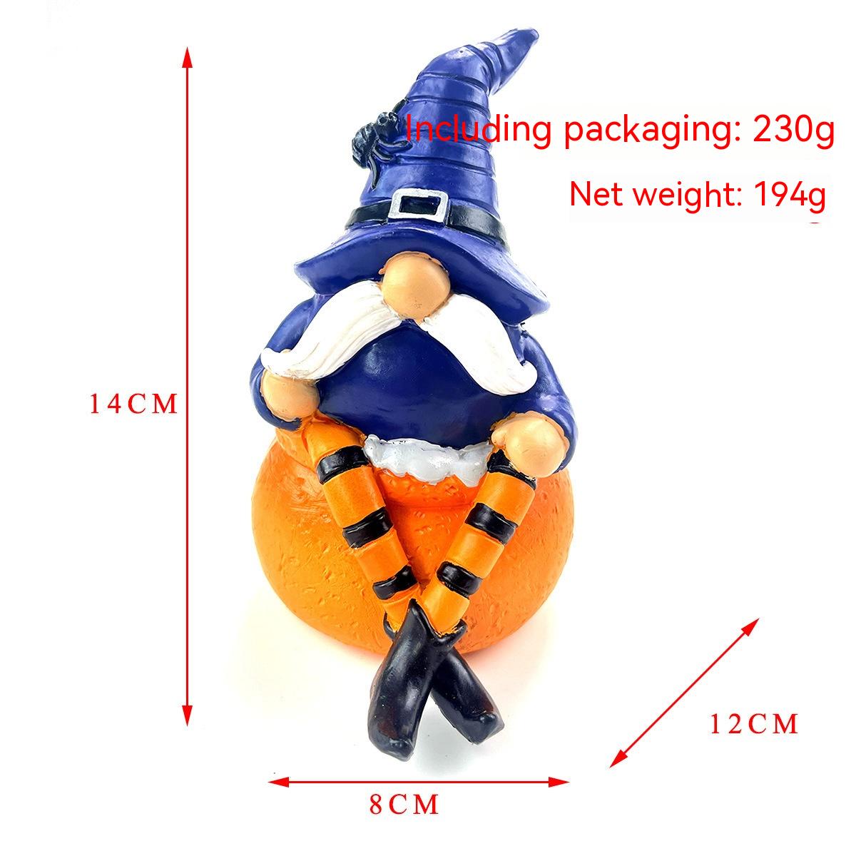 Whimsical figurine of a gnome in a purple hat, sitting on an orange sphere. It measures 14cm tall, 12cm wide, and 8cm deep. Packaging weight 230g, net weight 194g.