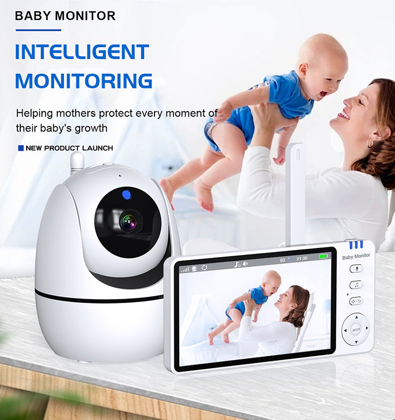 Baby monitor with camera and screen showing a woman lifting a baby. Text reads "Intelligent Monitoring: Helping mothers protect every moment of their baby's growth. New Product Launch."