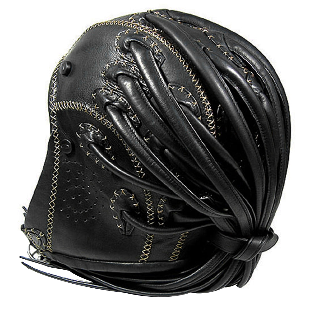 Black leather hood with intricate stitching and protruding strips resembling dreadlocks, giving it a unique, textured appearance. The material is glossy with detailed craftsmanship.