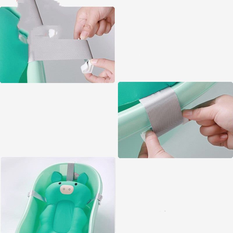 Three images showing a green baby bath seat with a pig character. Straps are secured to the tub's edges with adhesive. Hands demonstrate fastening and adjusting the straps.