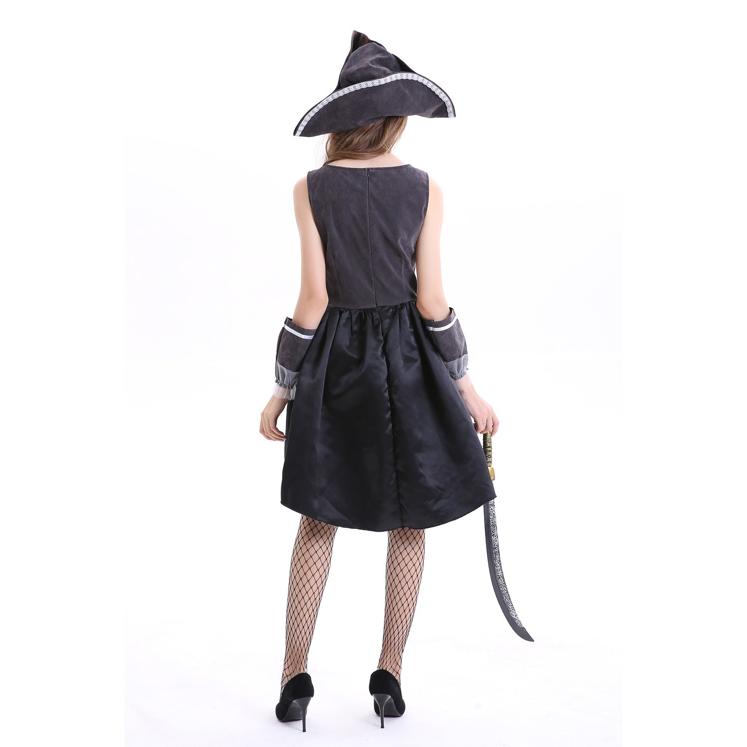 Woman in a pirate costume with a tricorn hat, black dress, and fishnet stockings, holding a curved sword. She's viewed from the back against a plain white background.