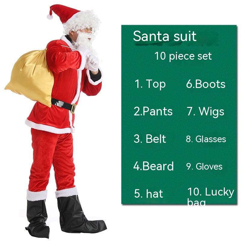 Person dressed as Santa carrying a yellow sack. Green background lists a Santa suit 10-piece set: top, pants, belt, beard, hat, boots, wig, glasses, gloves, lucky bag.