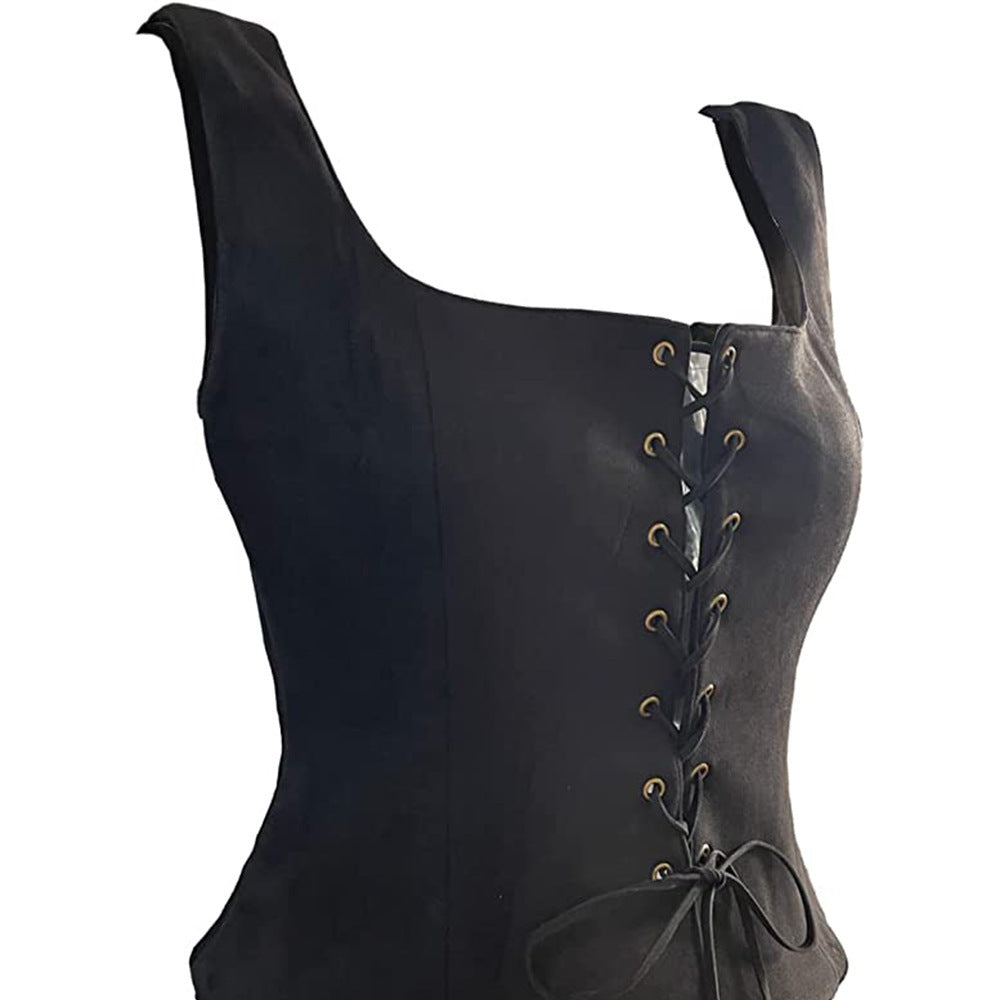Black corset top with wide straps and front lace-up detail, featuring gold eyelets and a bow tie at the bottom, creating an hourglass silhouette.