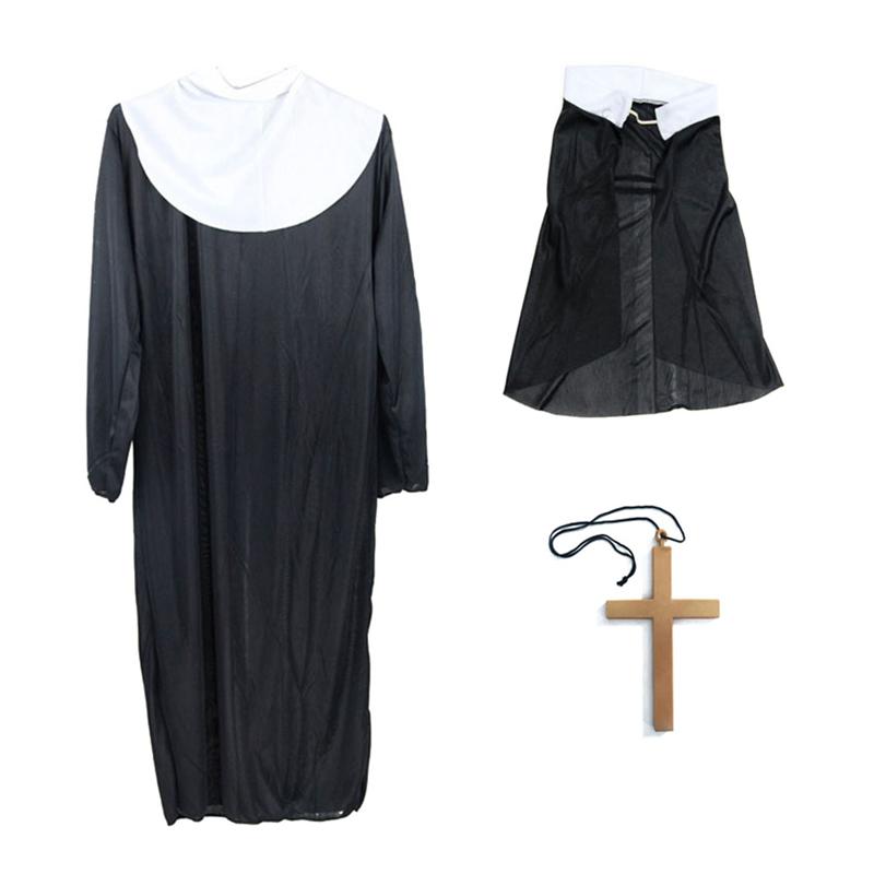 Nun costume set including a black robe with a white collar, a black and white headpiece, and a wooden cross on a string, laid out on a white background.