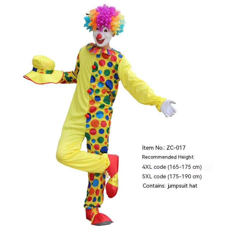 Clown in a colorful polka dot jumpsuit with matching hat, vibrant wig, red nose, white gloves, and oversized red shoes, standing on one foot.