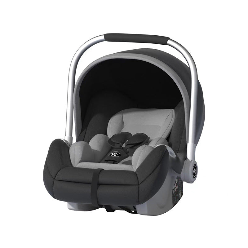 Black and gray infant car seat with a curved handle and cushioned interior, designed for safety and comfort.