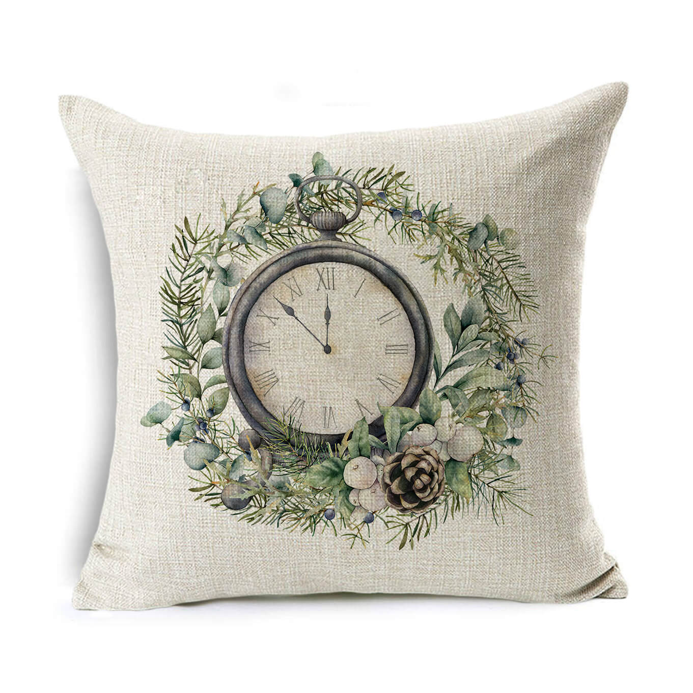 Decorative pillow with a vintage clock illustration surrounded by green foliage and pinecones on a textured beige background. The clock shows 10:09 with Roman numerals.
