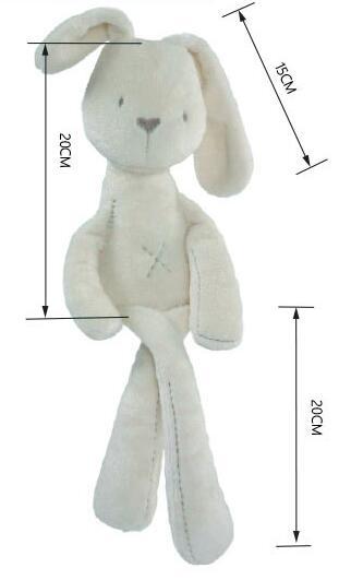 Cream-colored plush toy bunny with a stitched 'X' on its belly. The head, ears, and legs are around 20 cm long, with the ears slightly tilted.