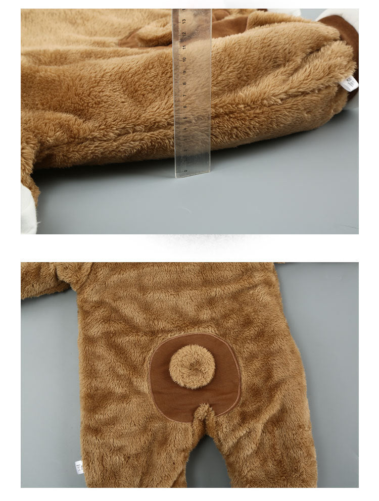 A fluffy brown onesie with a cute tail is measured with a ruler. Another view shows the back, highlighting the circular tail detail on the seat area.