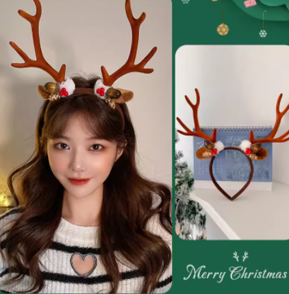 Woman wearing a reindeer antler headband with Christmas decorations. The right side shows a close-up of the headband on a table. Text reads "Merry Christmas" in the bottom corner.
