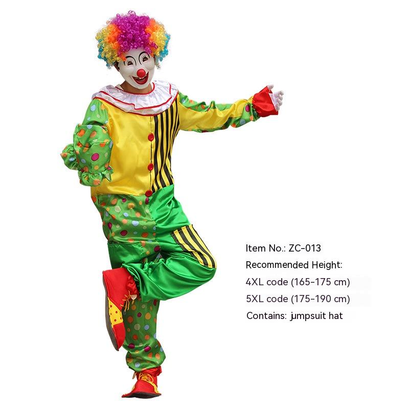 Clown in colorful costume with rainbow wig, red nose, and oversized shoes, striking a playful pose. Costume details include polka dots and stripes.
