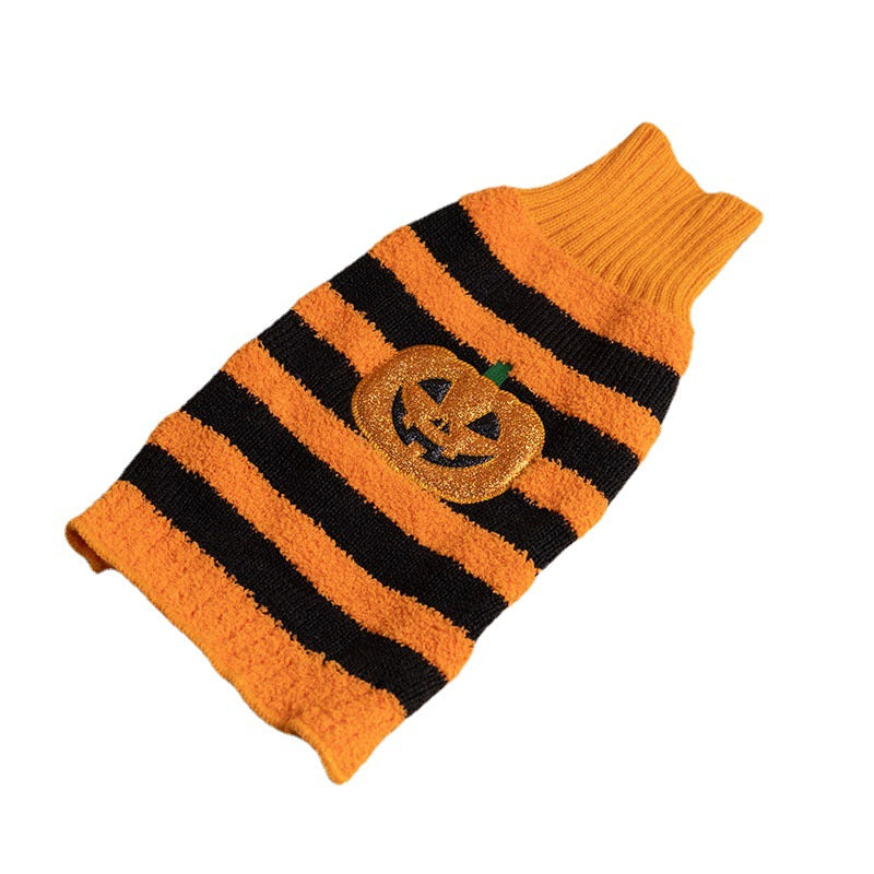 Orange and black striped dog sweater featuring a sparkly jack-o'-lantern design on the back, combining Halloween style with cozy warmth.