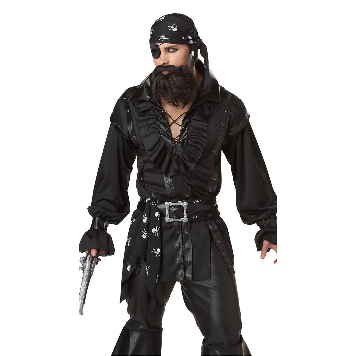 Person in a pirate costume wearing a black eye patch, bandana, and ruffled shirt, holding a decorative pistol. Outfit includes a belt with skull design and matching pants.
