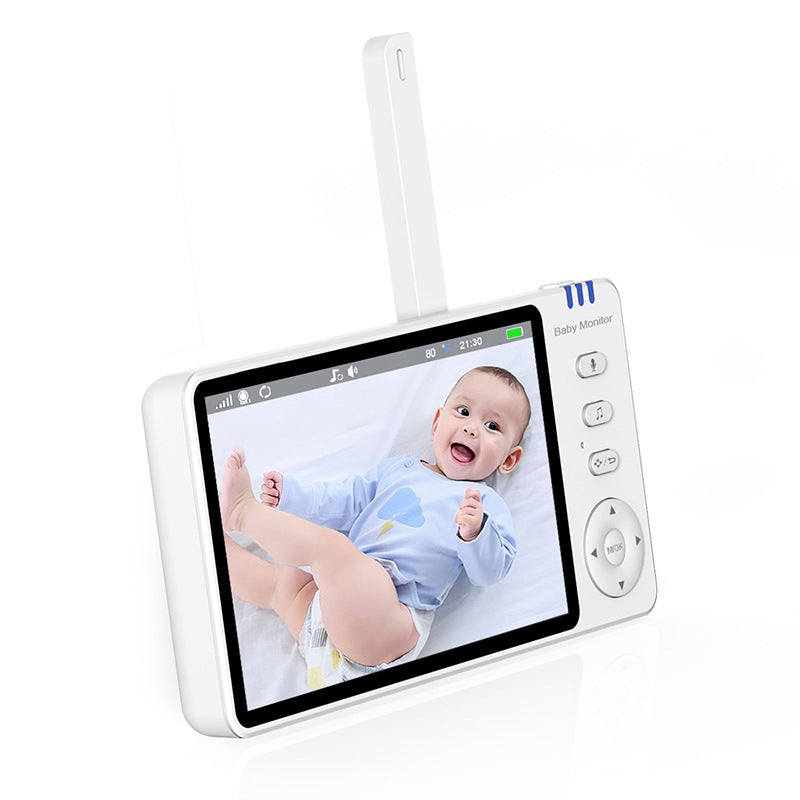 A white baby monitor with a screen showing a smiling baby in a blue outfit. The monitor has control buttons on the side and an extended antenna, displaying a clear image.