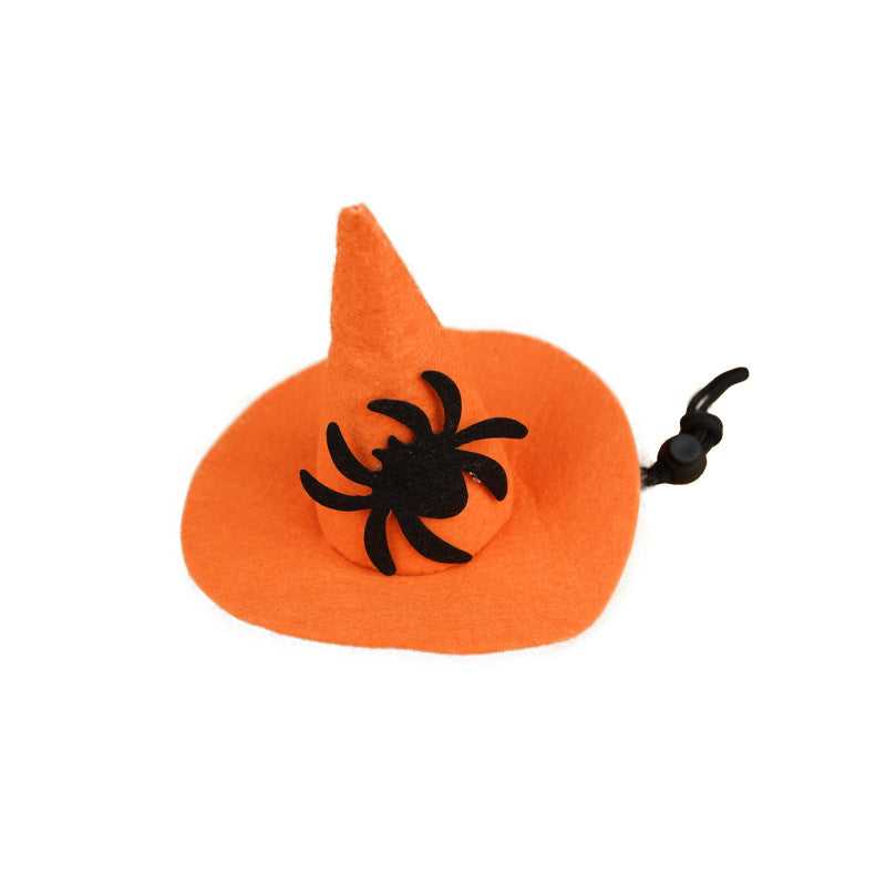 Orange felt witch hat with a black spider design on the front. It has a chin strap with an adjustable toggle. Perfect for Halloween or cosplay costumes.