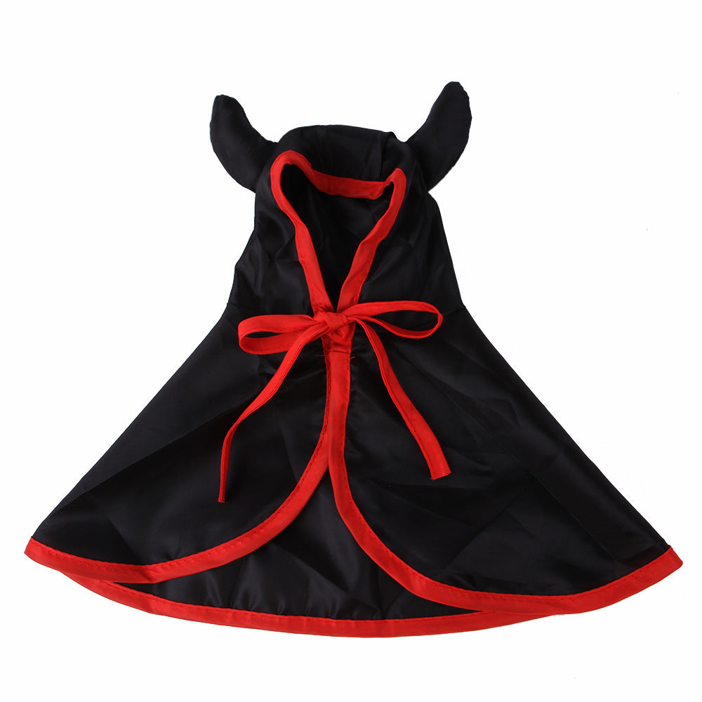 Black cape with red trim and a matching red tie at the front, featuring two pointed black horns on the hood, resembling a devil costume.