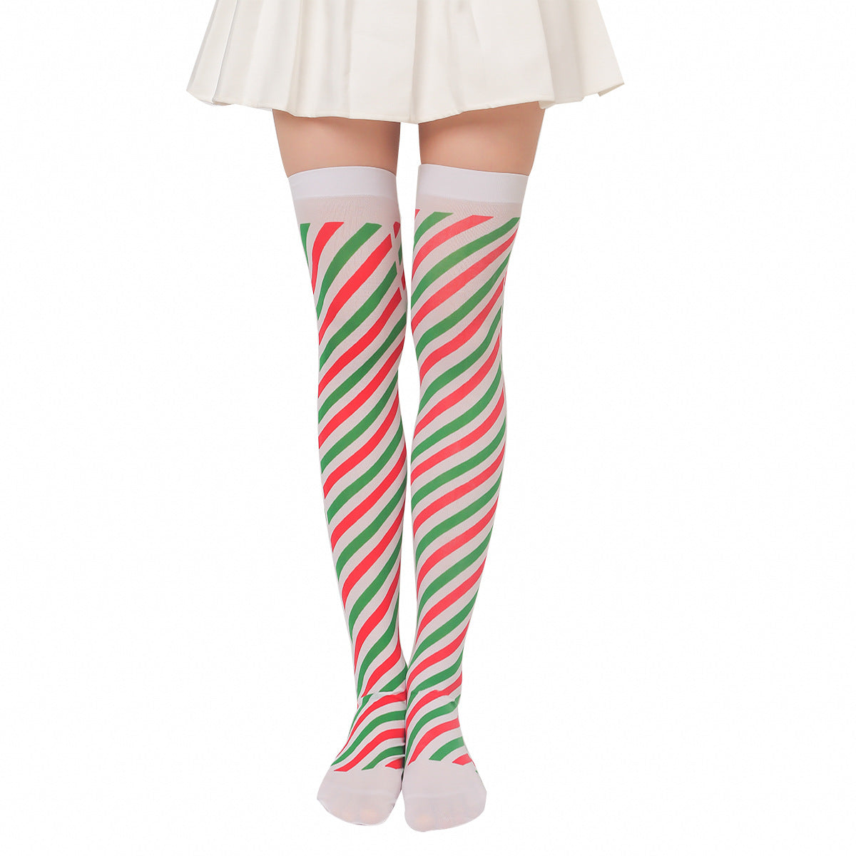 Legs in a white skirt wearing thigh-high stockings with diagonal red, green, and white stripes resembling candy canes.